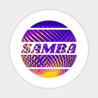 Purple yellow disco ball with the inscription "Samba". Magnet